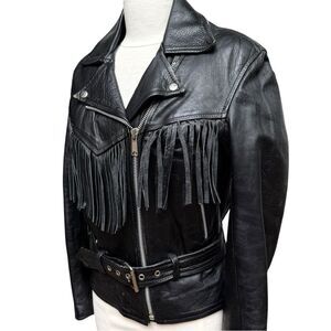 Vintage Hudson Leather Fringed Leather Motorcycle Jacket Black Biker size Small